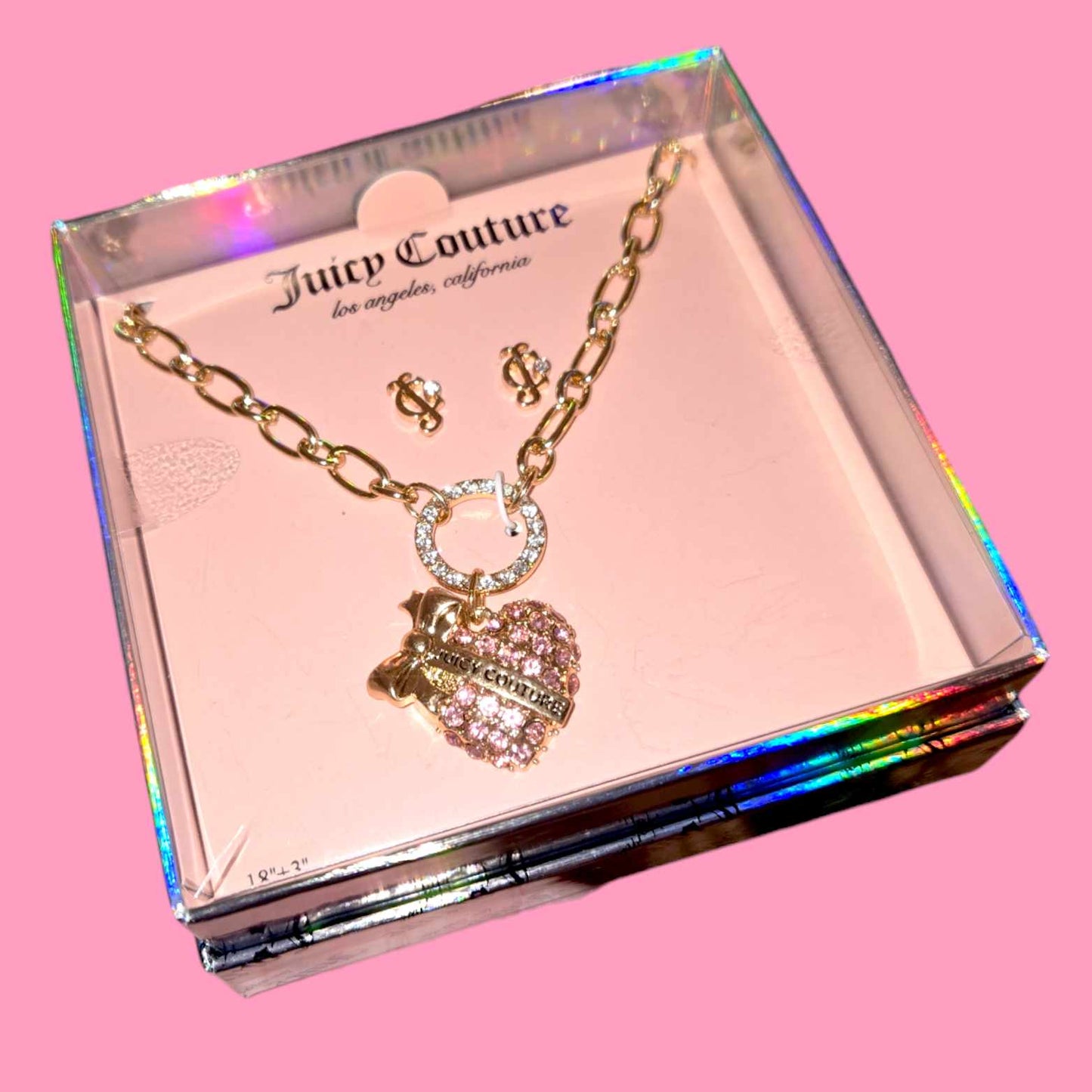 Juicy Couture Pink Bling Heart Necklace & Earring Set