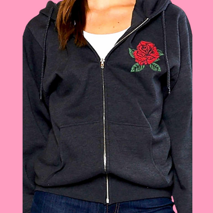 Rose Embroidered Boyfriend Fit Zip Up