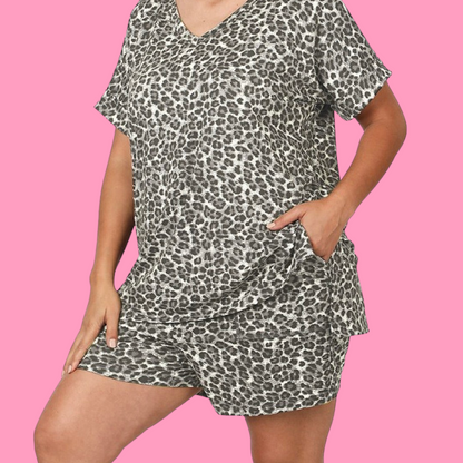 Leopard Vneck Tshirt & Shorts Lounge Set